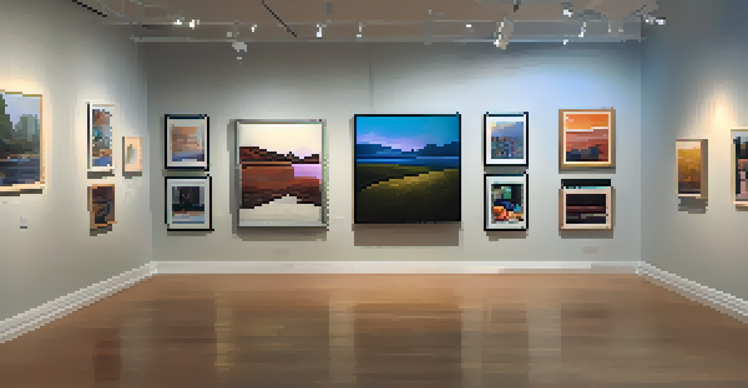 An art gallery displaying an exhibition of LGBTQ+ artwork, with visitors admiring the diverse pieces under soft ambient lighting.