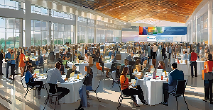 A lively tech event inside a convention center where professionals are networking and engaged in discussions about technology.