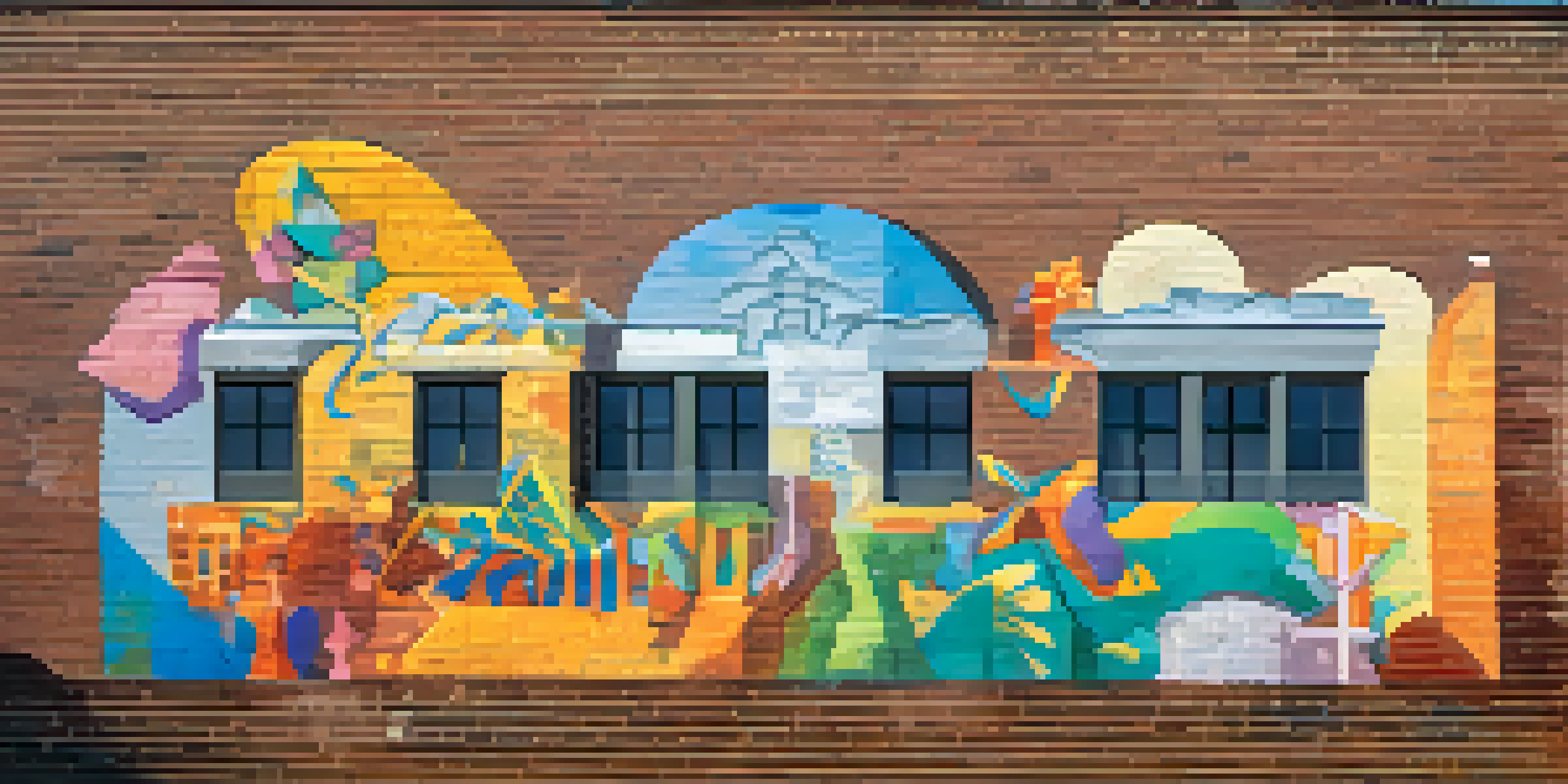 A colorful mural on a brick wall showcasing various cultural symbols and abstract shapes, bathed in warm afternoon light.