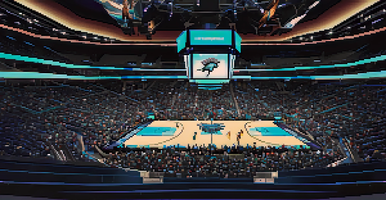 The interior of Spectrum Center during a basketball game, with bright court lights and cheering fans.