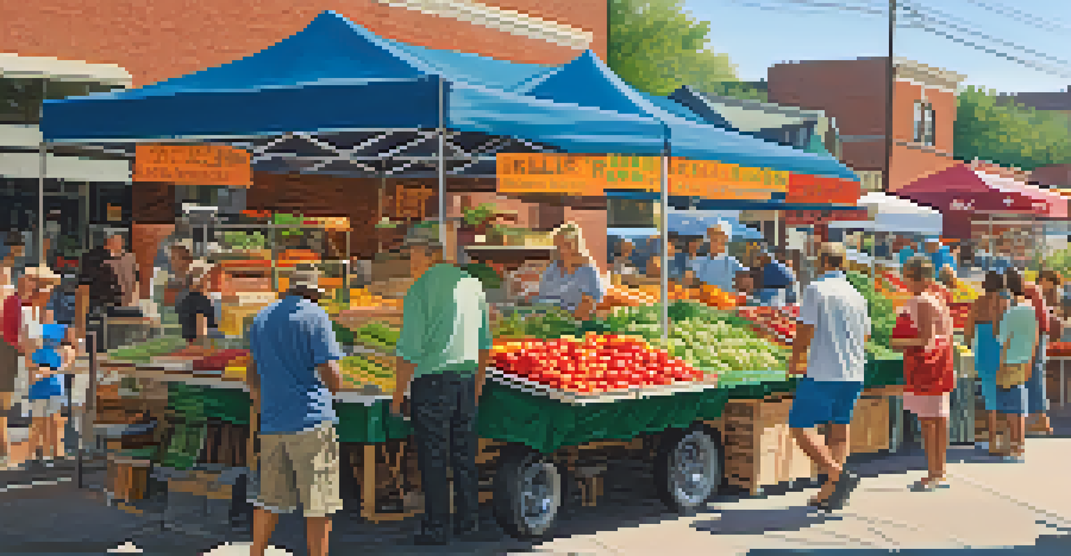 A lively farmers market in Charlotte with colorful stalls of fresh produce, families browsing, and musicians performing.