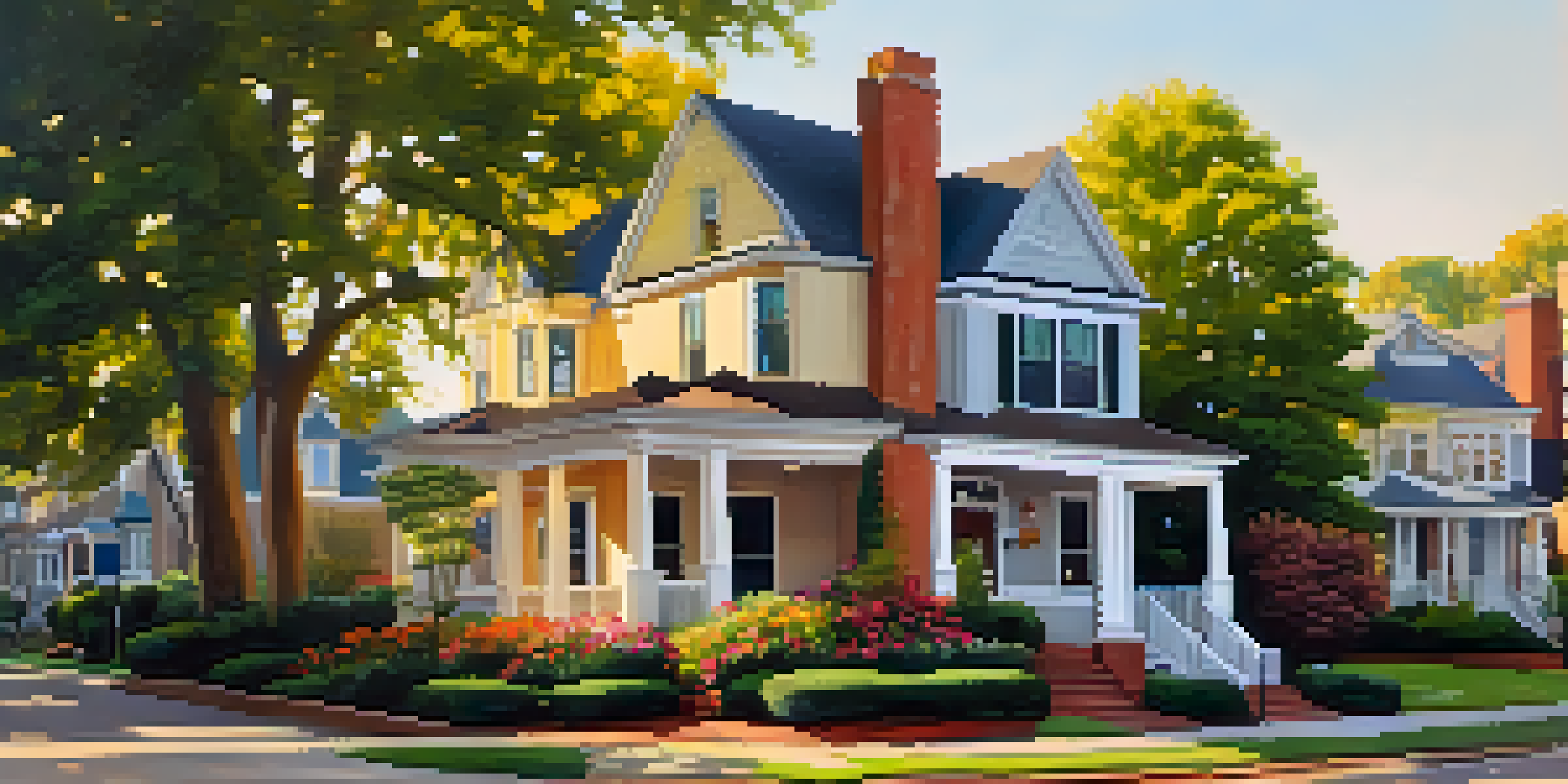 A sunny street in Dilworth, Charlotte, featuring colorful bungalows and blooming flowers with people walking happily.