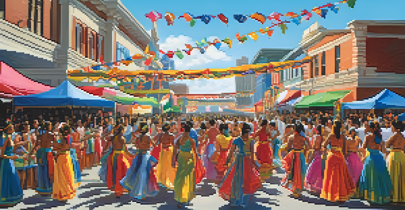 A cultural festival in Charlotte with dancers in traditional costumes and vibrant decorations, showcasing diverse performances.