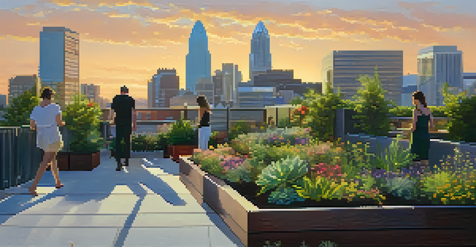 A rooftop garden on a building in Charlotte with various plants, people admiring the city skyline during the evening.