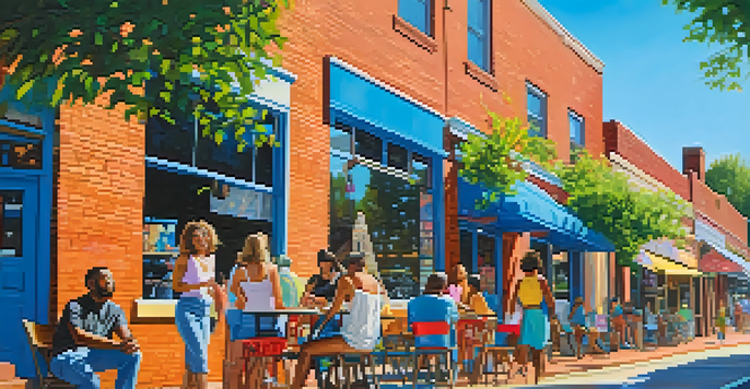 A colorful street scene in NoDa, Charlotte, featuring murals, galleries, and outdoor cafes under warm sunlight.