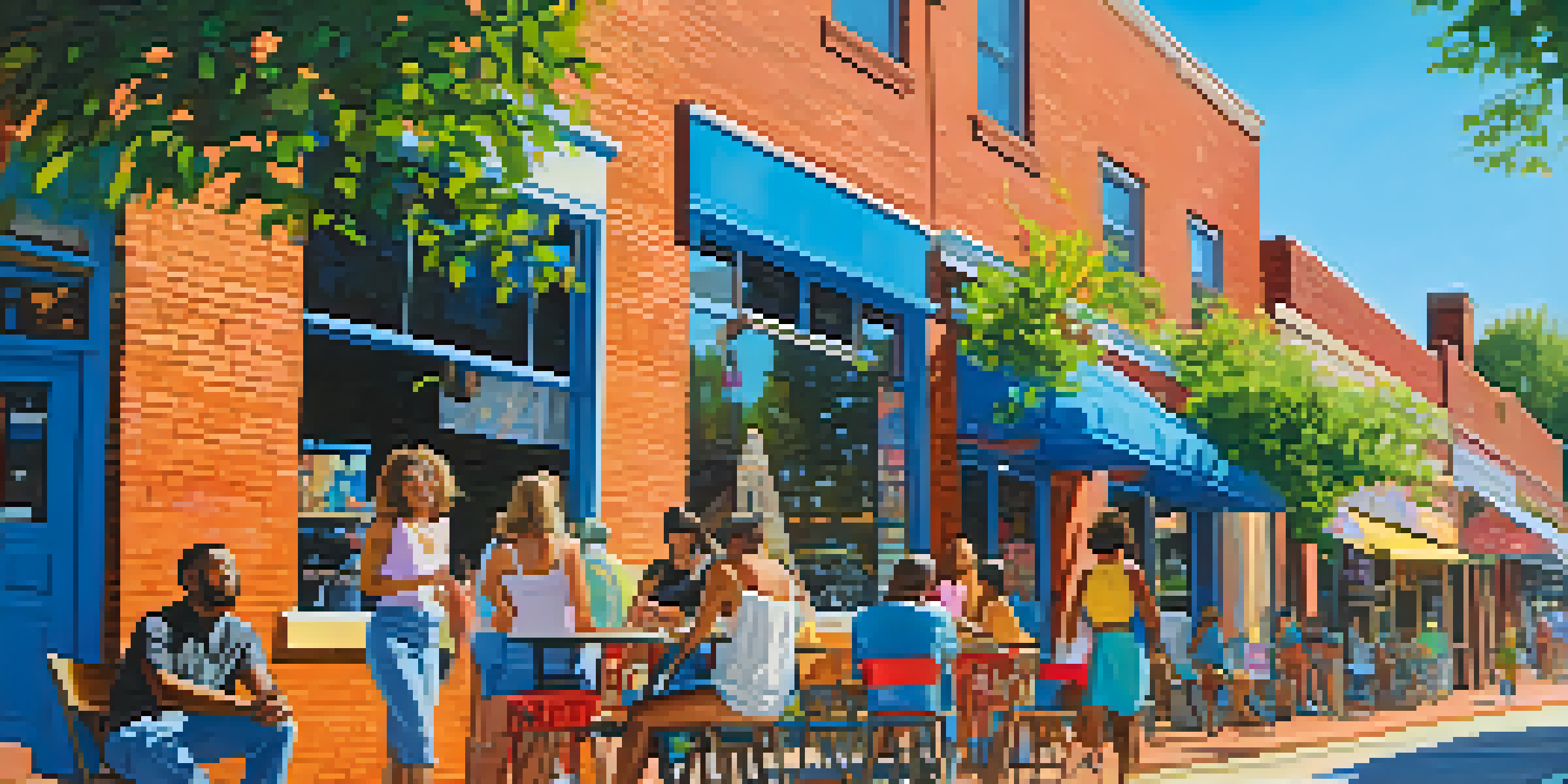 A colorful street scene in NoDa, Charlotte, featuring murals, galleries, and outdoor cafes under warm sunlight.