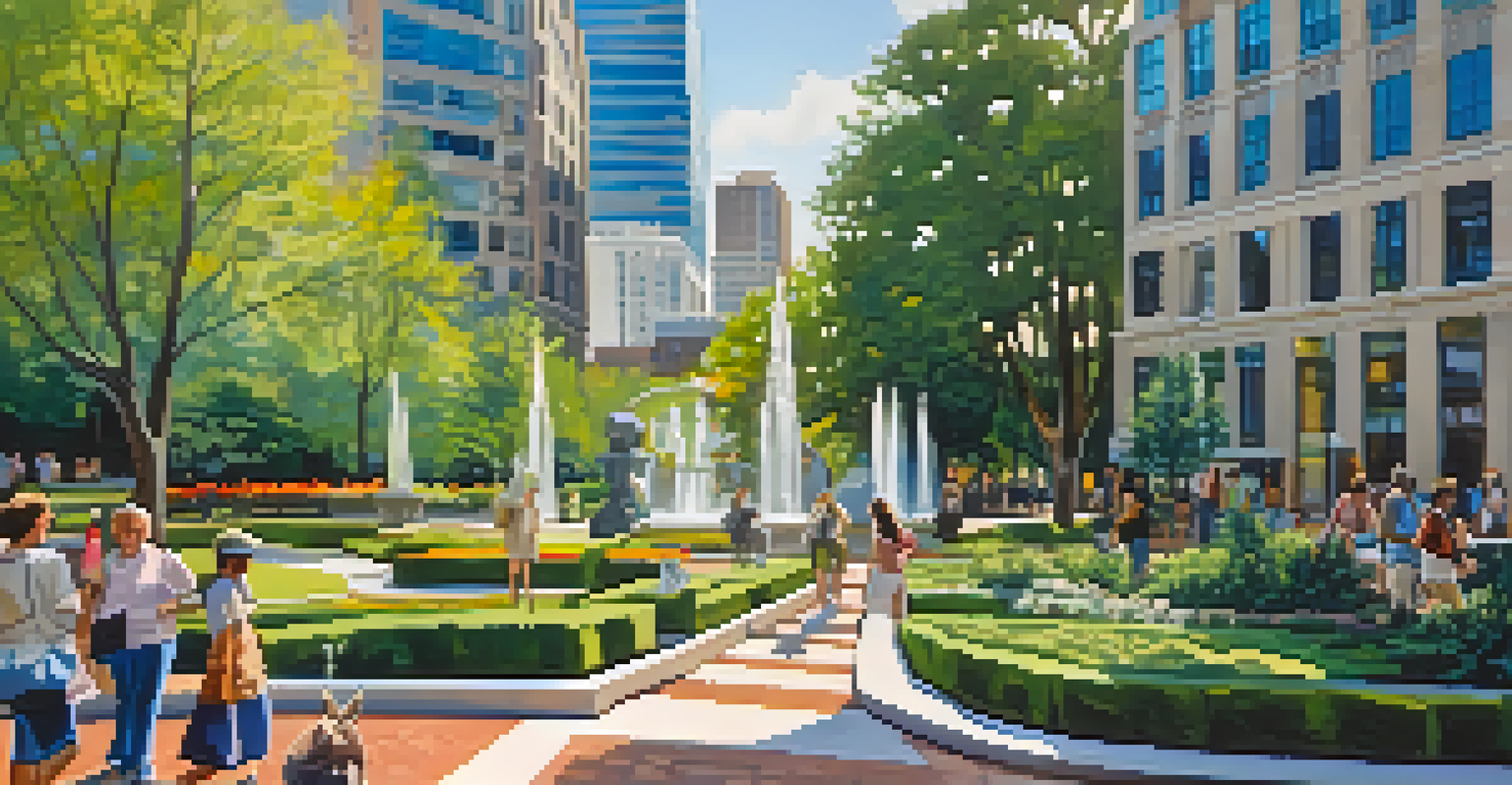 Visitors walking through Romare Bearden Park's colorful gardens with sculptures and waterfalls, illuminated by sunlight filtering through the trees.