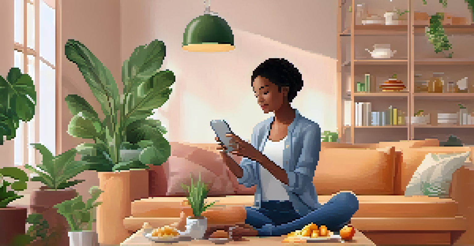 A person sitting in a cozy living room, using a mobile app for nutrition education, surrounded by plants and warm lighting.