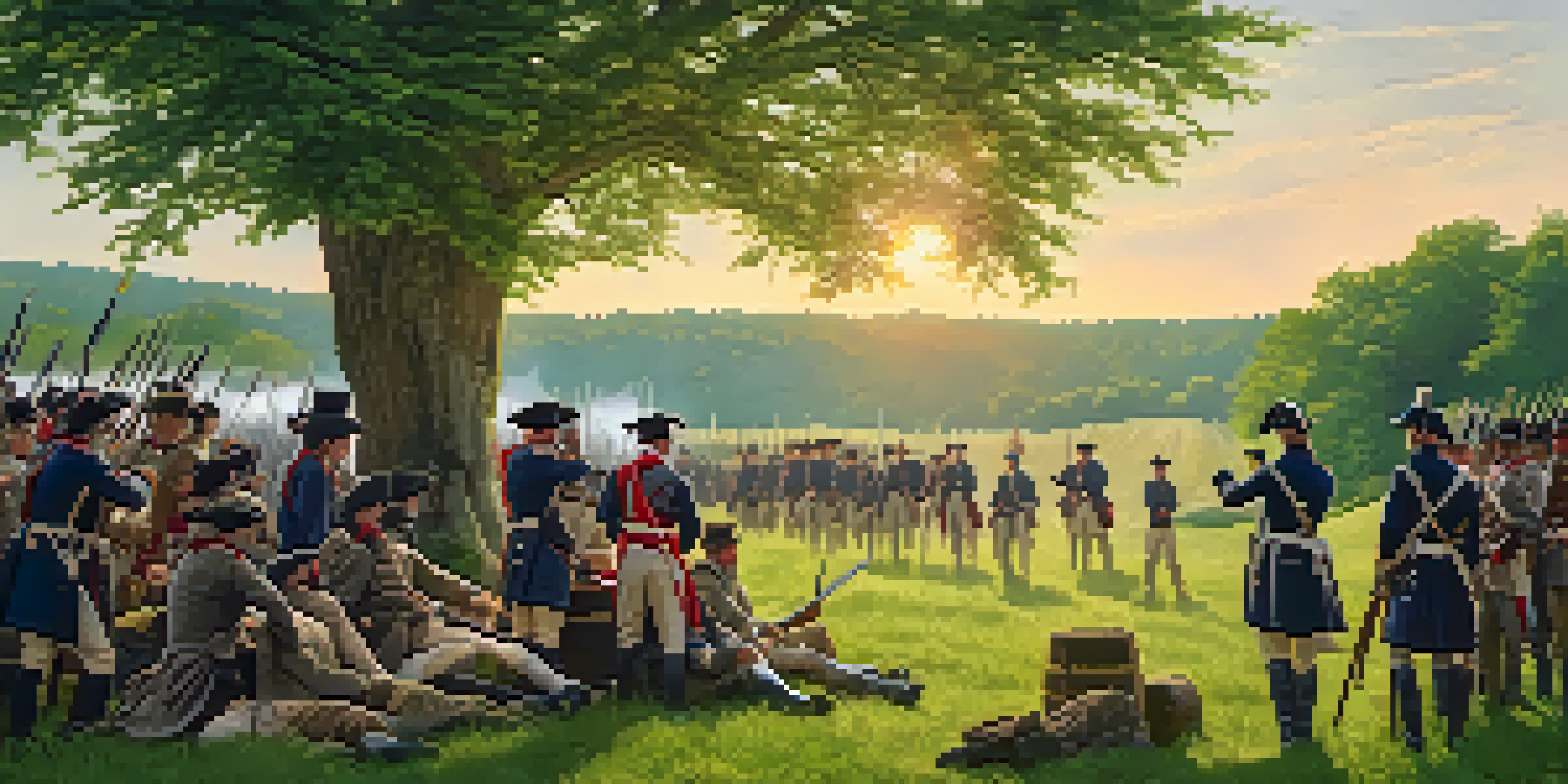 A reenactment scene depicting American patriots in colonial clothing discussing strategy under a tree in a green field during golden hour.