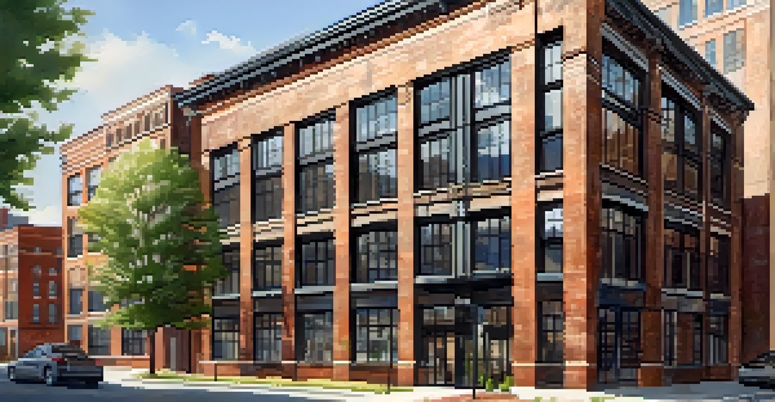 A renovated textile mill in Charlotte turned into modern loft apartments, featuring a mix of historic and contemporary design with large windows and greenery.
