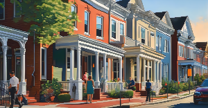 A street scene in Charlotte combining historic homes and modern apartments, with diverse residents and colorful murals, set against a warm evening light.