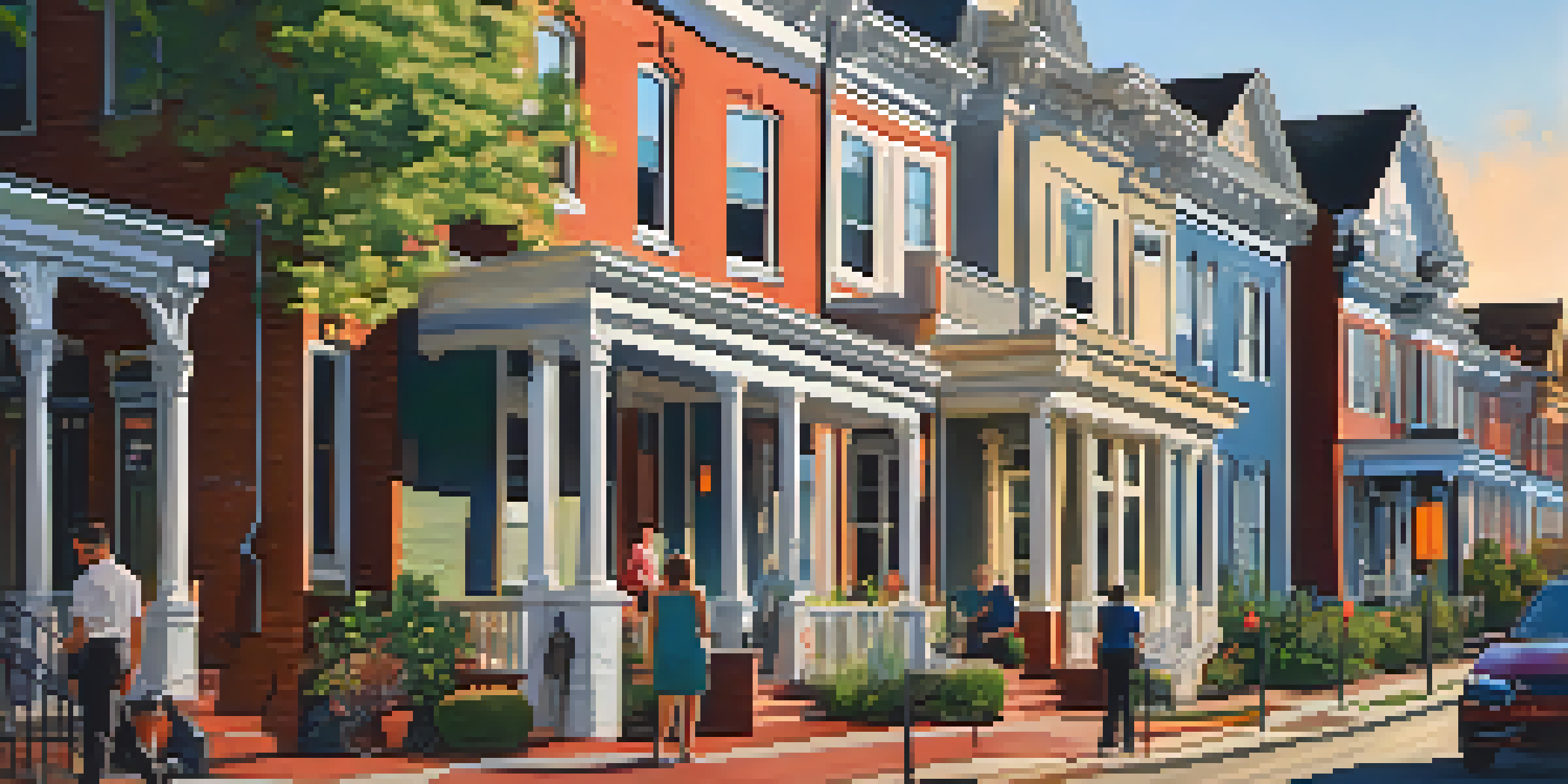 A street scene in Charlotte combining historic homes and modern apartments, with diverse residents and colorful murals, set against a warm evening light.
