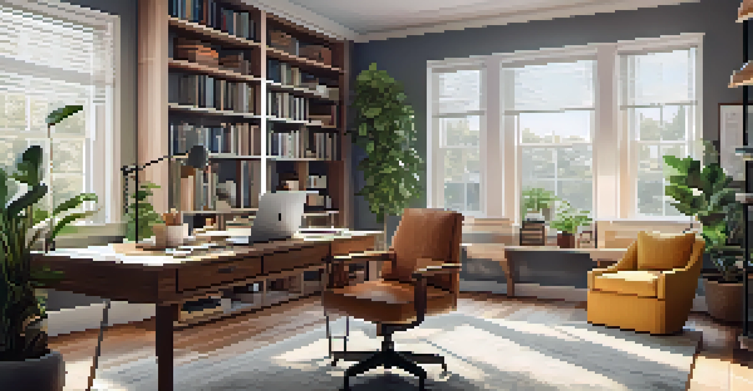 A cozy home office with a desk, laptop, plants, and bright natural light coming through large windows.