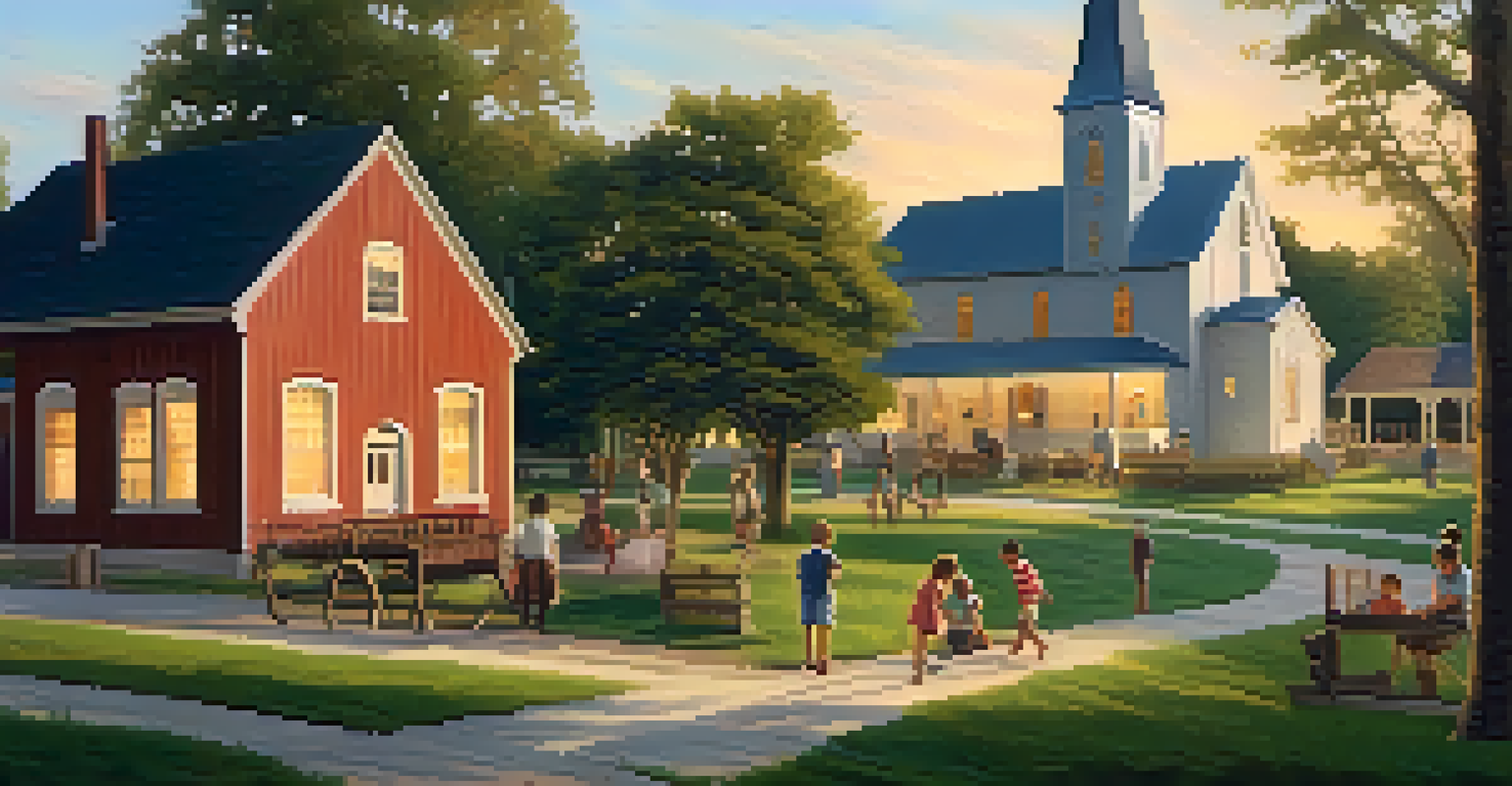 A peaceful mill village scene with houses, children playing, and a church during sunset in early 20th century Charlotte.