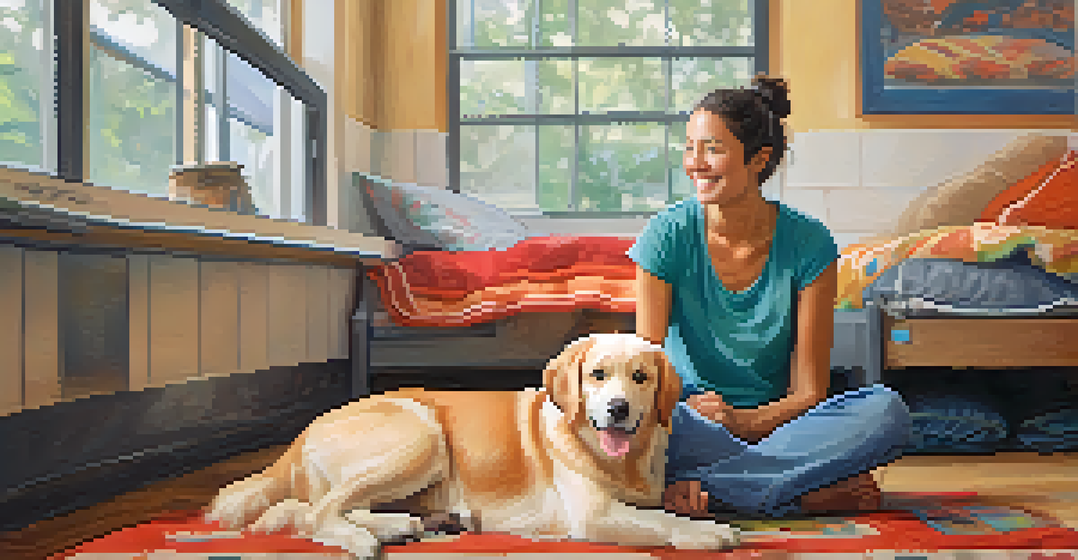 A portrait of a volunteer holding a shy dog in a cozy indoor shelter setting, with pet beds and toys around.