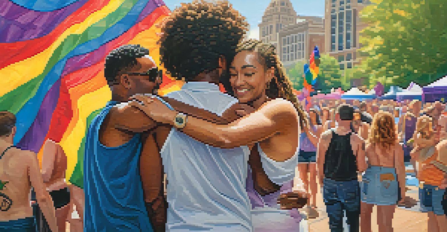 Allies and LGBTQ+ individuals embracing at the Charlotte Pride Festival, surrounded by colorful decorations.
