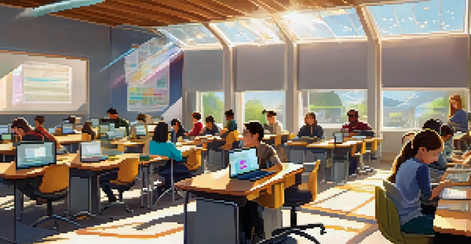 A lively classroom with students focused on coding, surrounded by educational posters and bright sunlight.