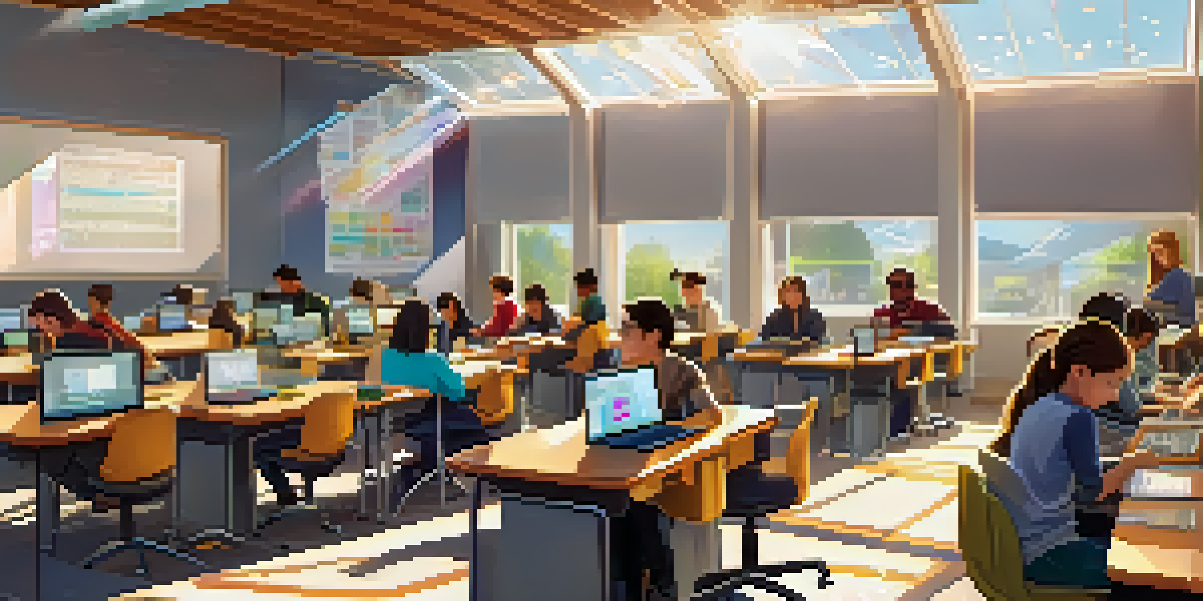 A lively classroom with students focused on coding, surrounded by educational posters and bright sunlight.