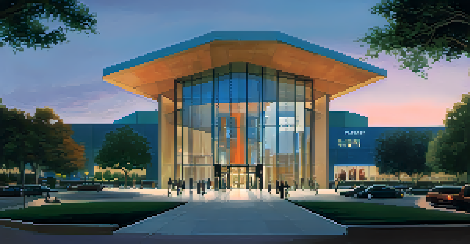 The Mint Museum's modern architecture illuminated at dusk, with people walking towards the entrance.