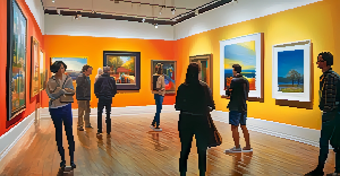 A colorful art gallery in Charlotte with visitors admiring contemporary artworks under warm lighting.