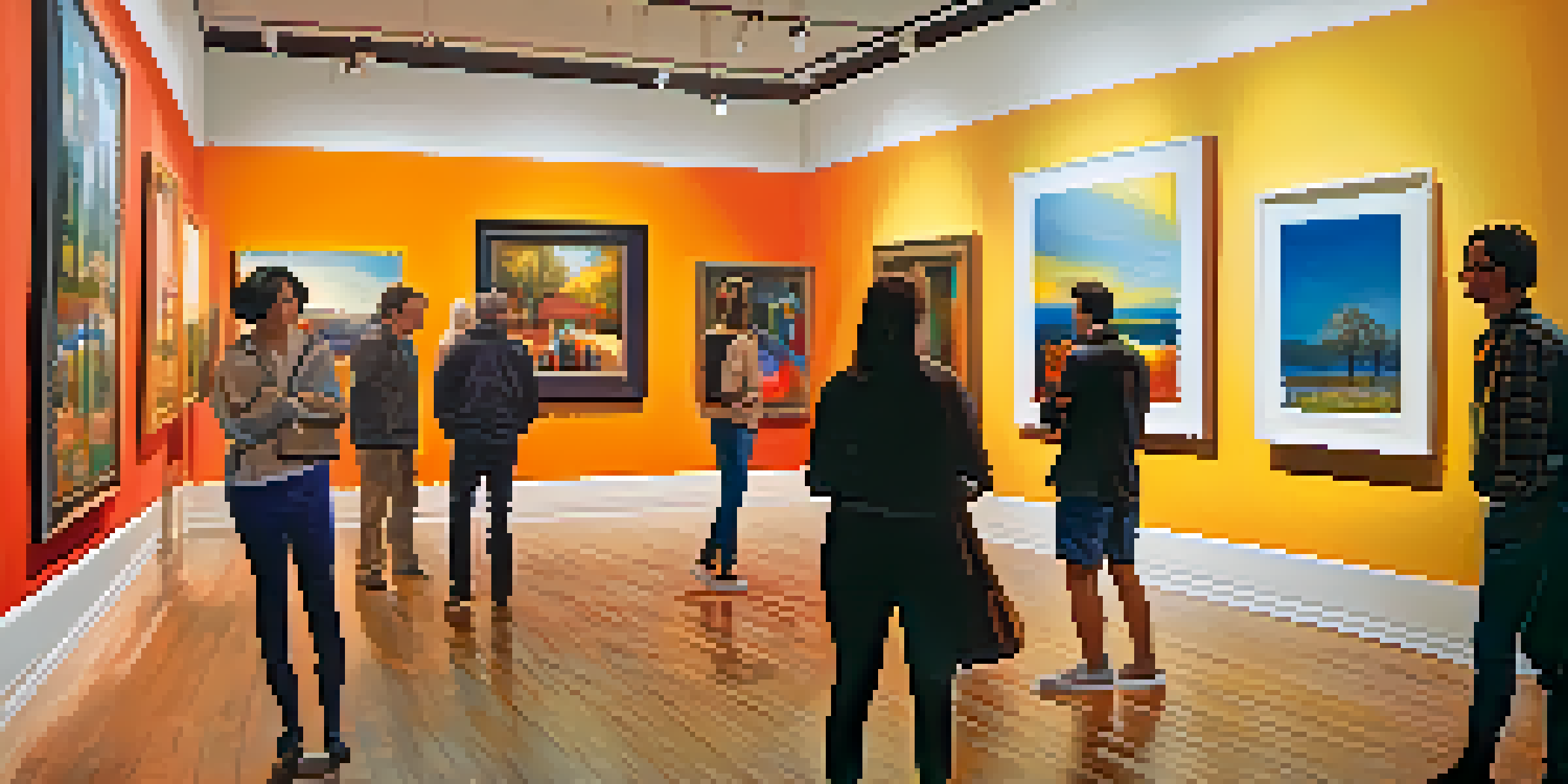 A colorful art gallery in Charlotte with visitors admiring contemporary artworks under warm lighting.