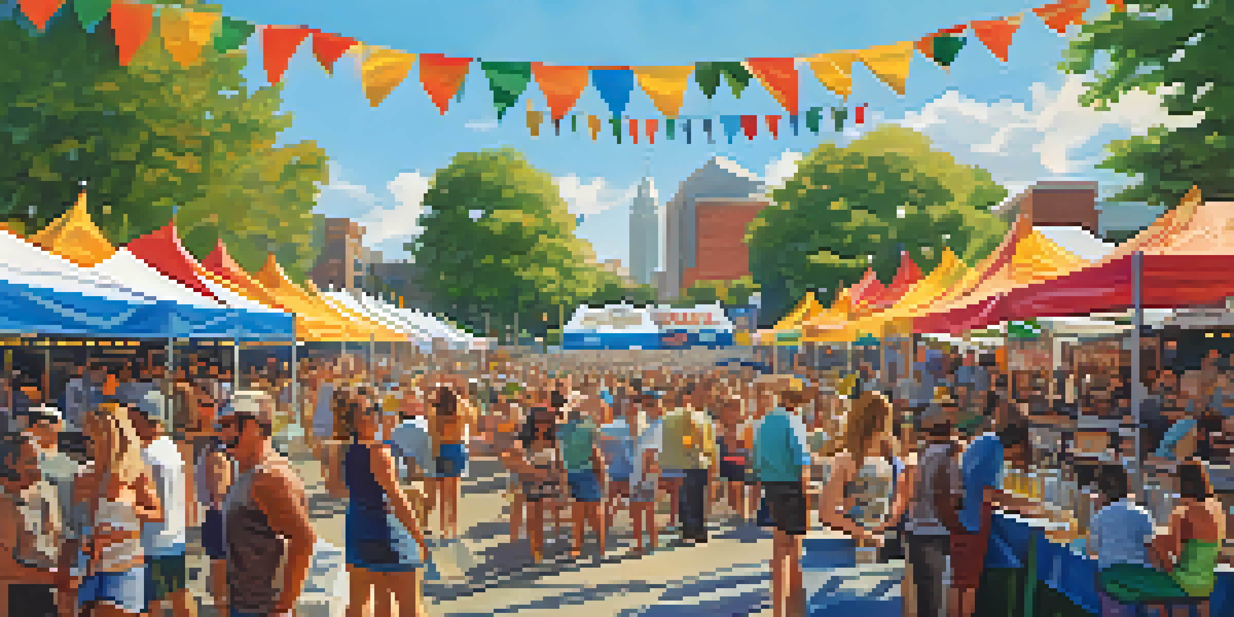 A lively outdoor craft beer festival with colorful tents, people sampling beers, food stalls, and live music under a blue sky.