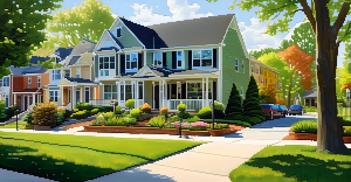 A sunny suburban neighborhood in Charlotte with modern homes, green lawns, and a playground, depicting a family-friendly environment.