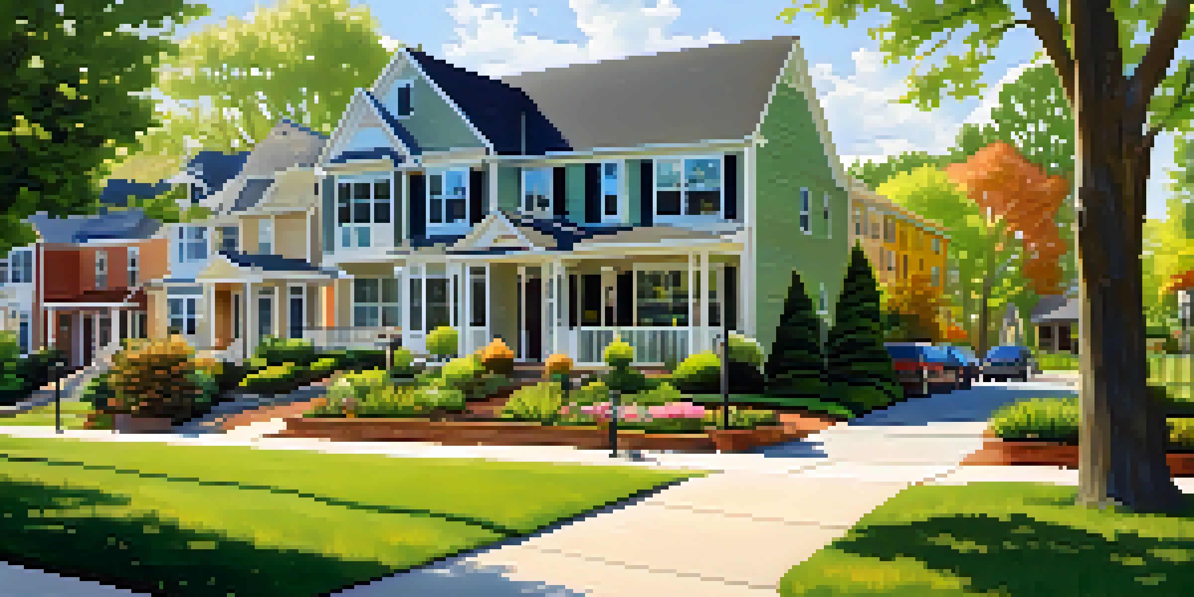 A sunny suburban neighborhood in Charlotte with modern homes, green lawns, and a playground, depicting a family-friendly environment.