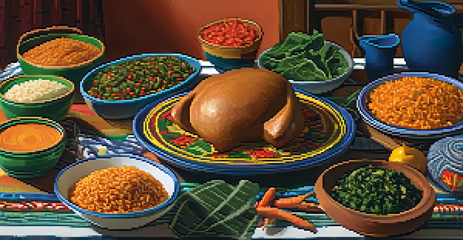 A beautifully arranged table showcasing traditional Kwanzaa dishes, with colorful foods and woven baskets.