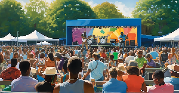 A lively outdoor jazz festival scene with musicians and a diverse crowd enjoying the music under blue skies.
