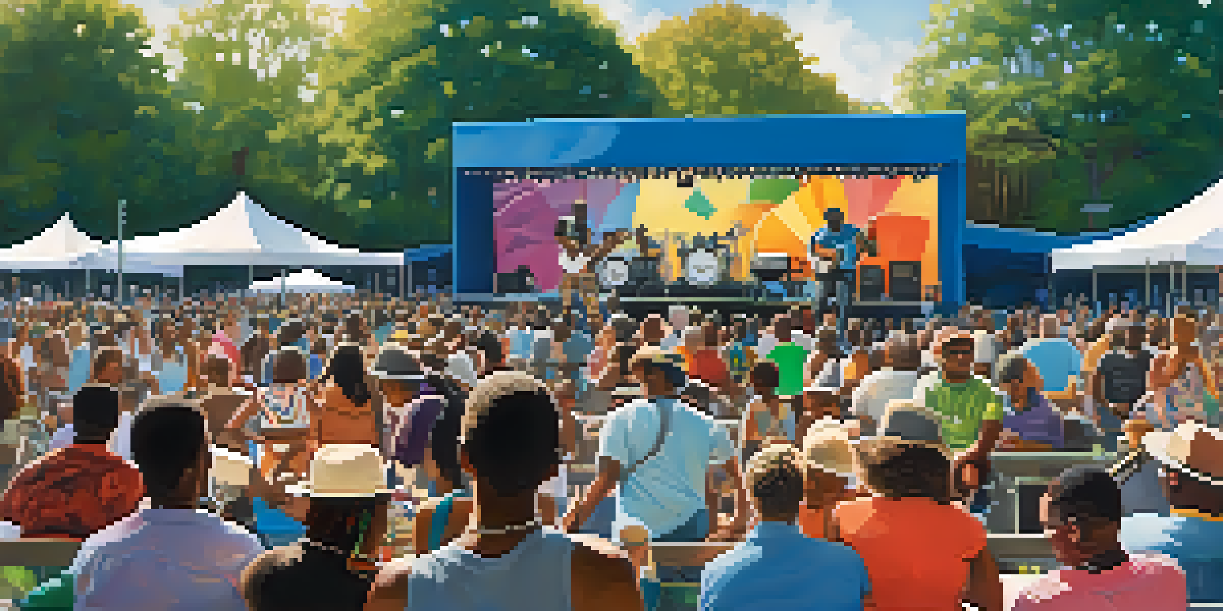 A lively outdoor jazz festival scene with musicians and a diverse crowd enjoying the music under blue skies.