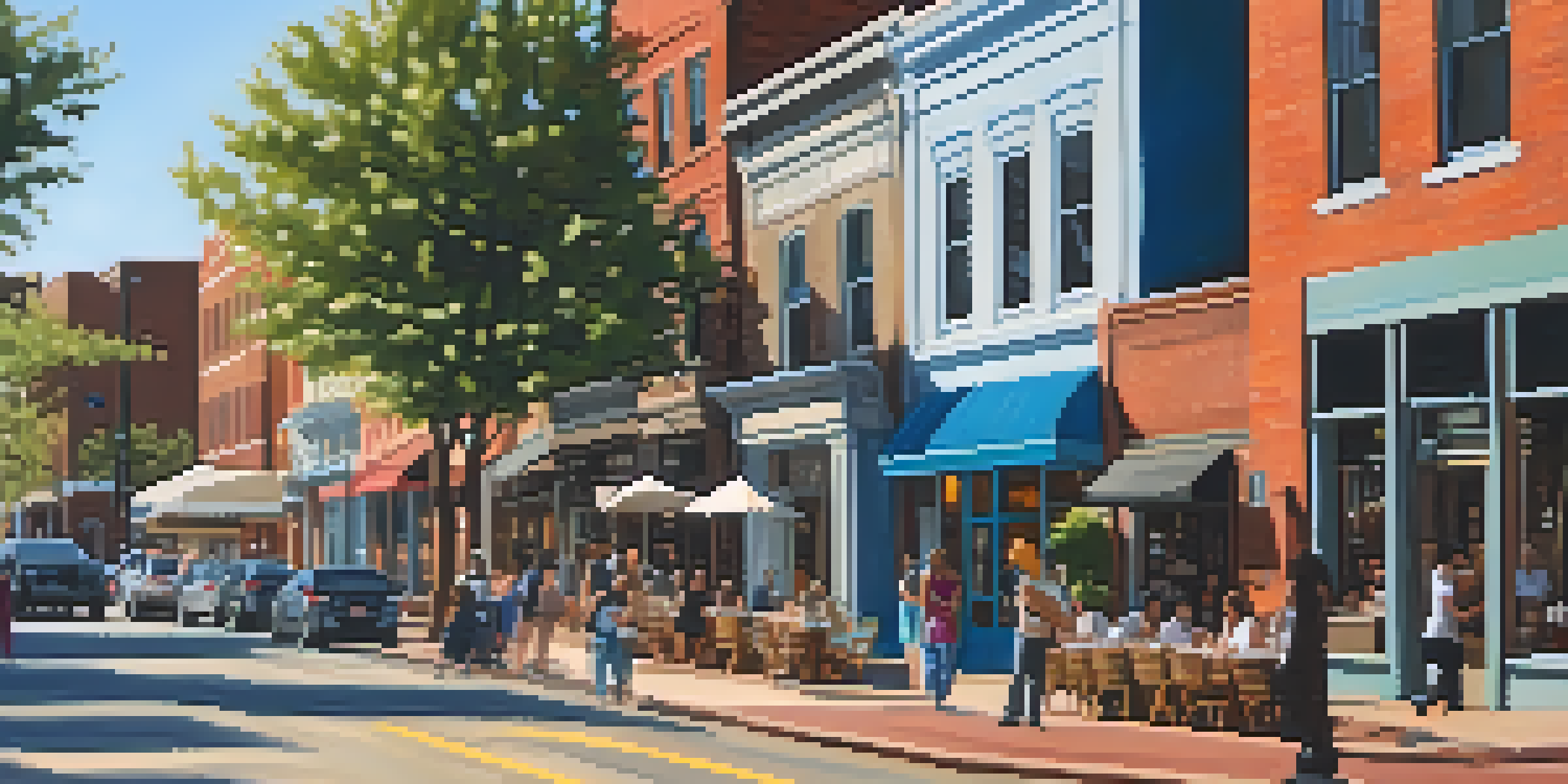 A lively street in South End, Charlotte, filled with trendy shops, colorful murals, and people enjoying outdoor cafés in warm sunlight.