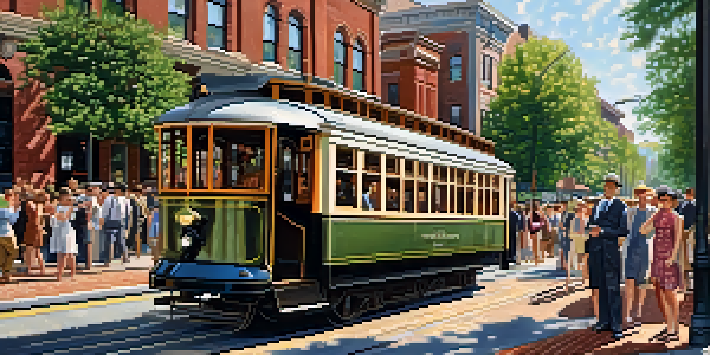 A lively street scene in early 20th century Charlotte featuring a vintage electric streetcar, diverse pedestrians, and period storefronts under warm sunlight.
