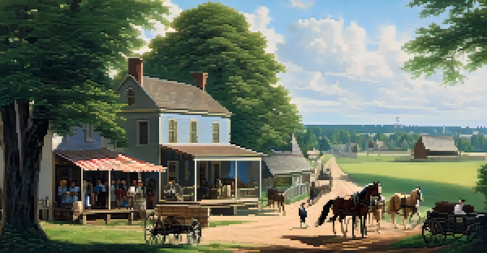 A historical depiction of early 19th-century Charlotte with a trading post, horse-drawn carriages, and settlers in a vibrant setting.