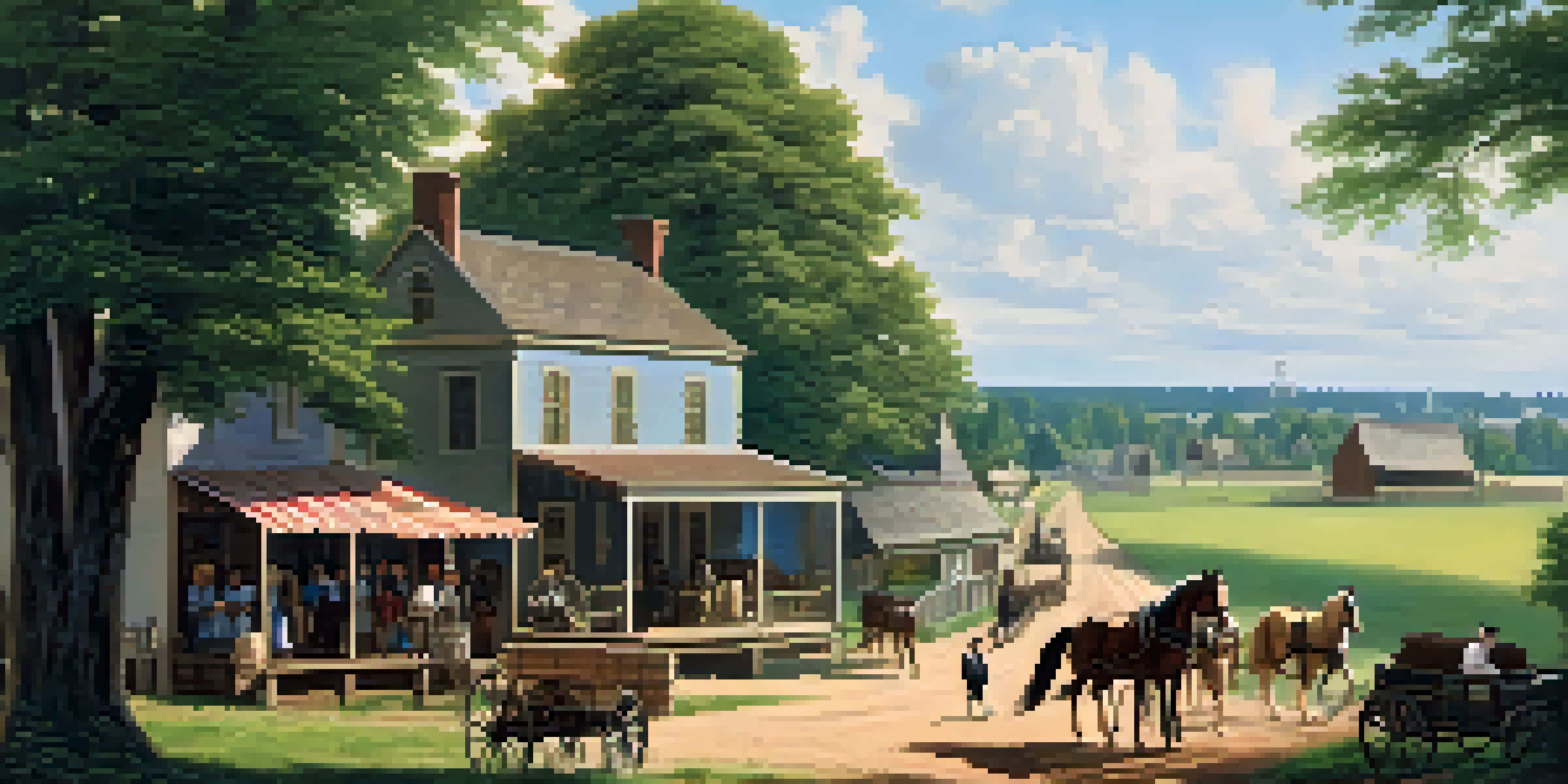 A historical depiction of early 19th-century Charlotte with a trading post, horse-drawn carriages, and settlers in a vibrant setting.