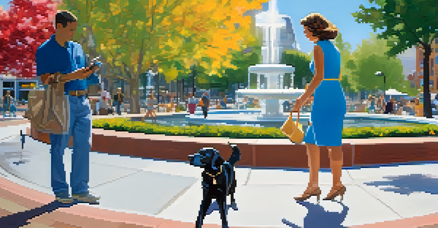 An urban park with a decorative fountain, colorful flowers, and a dog playing with its owner.