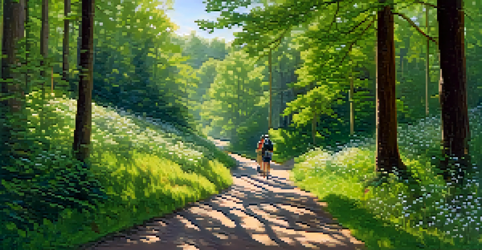 A nature trail surrounded by trees and wildflowers, with hikers and cyclists enjoying the scenery under dappled sunlight.