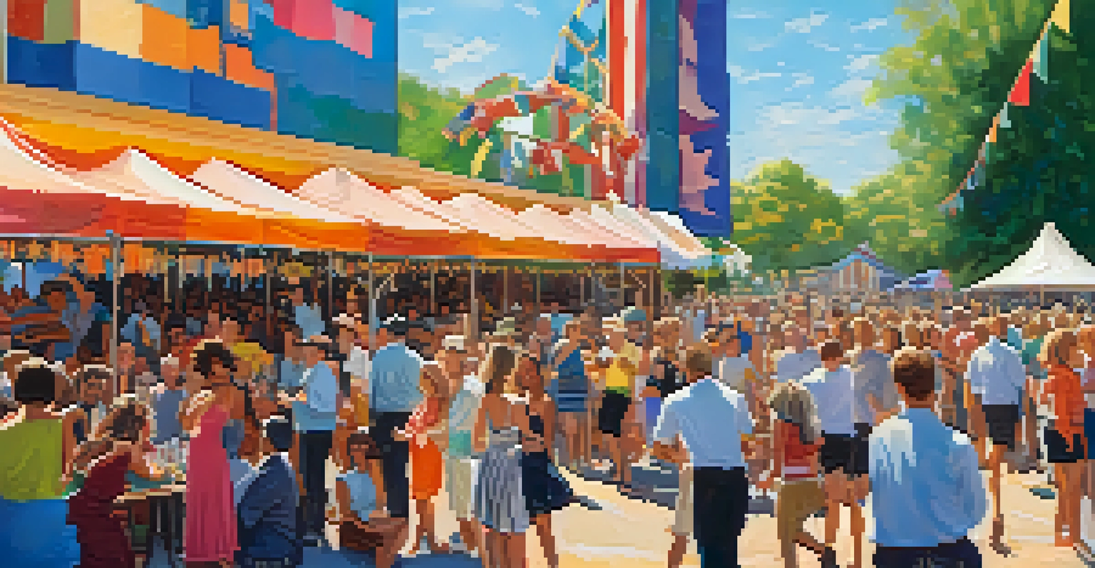 A summer festival in Charlotte with musicians performing jazz and people dancing in the sun.