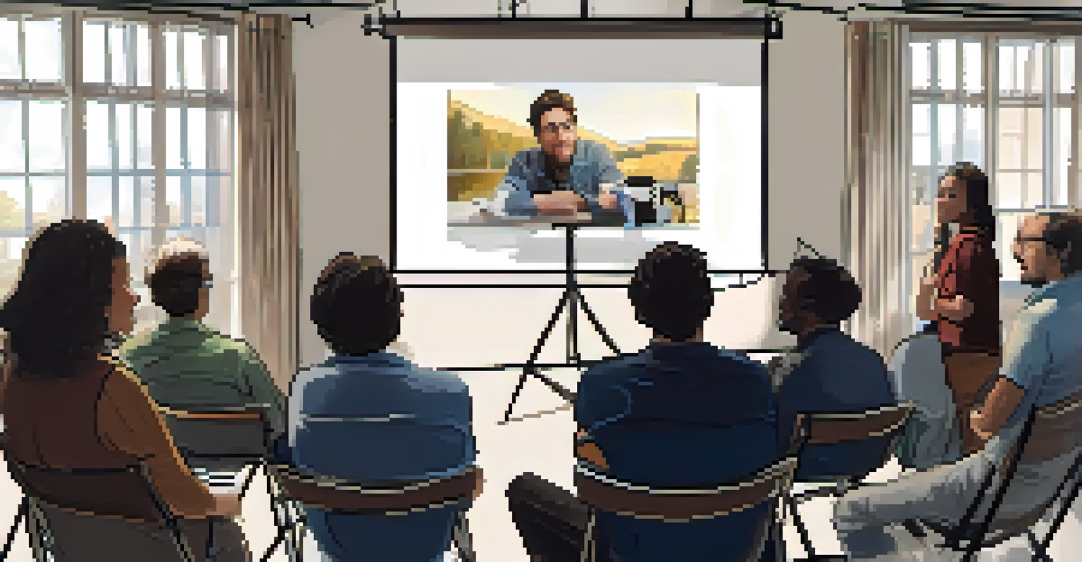 A local filmmaker passionately presenting their short film at a panel discussion, with audience members engaged and a projector screen in the background.
