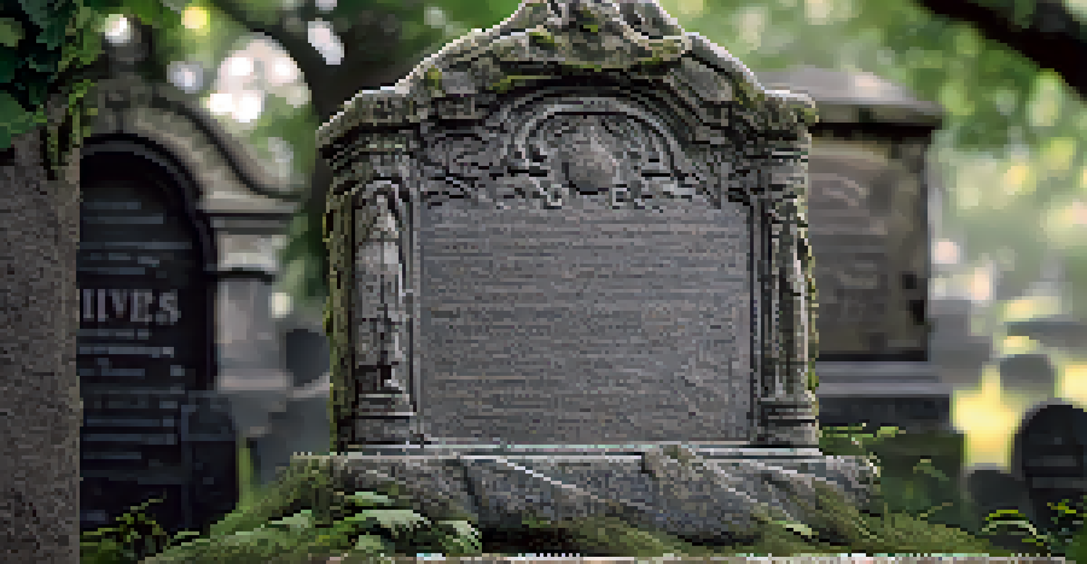 Close-up of a weathered granite headstone with detailed carvings and blurred greenery in the background.