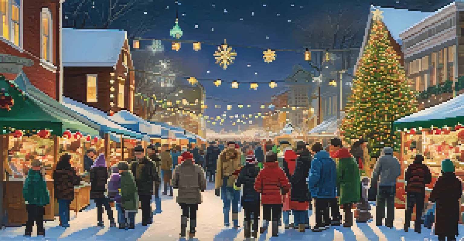 A winter festival in Charlotte featuring the Christmas Village with holiday lights and families enjoying the market.