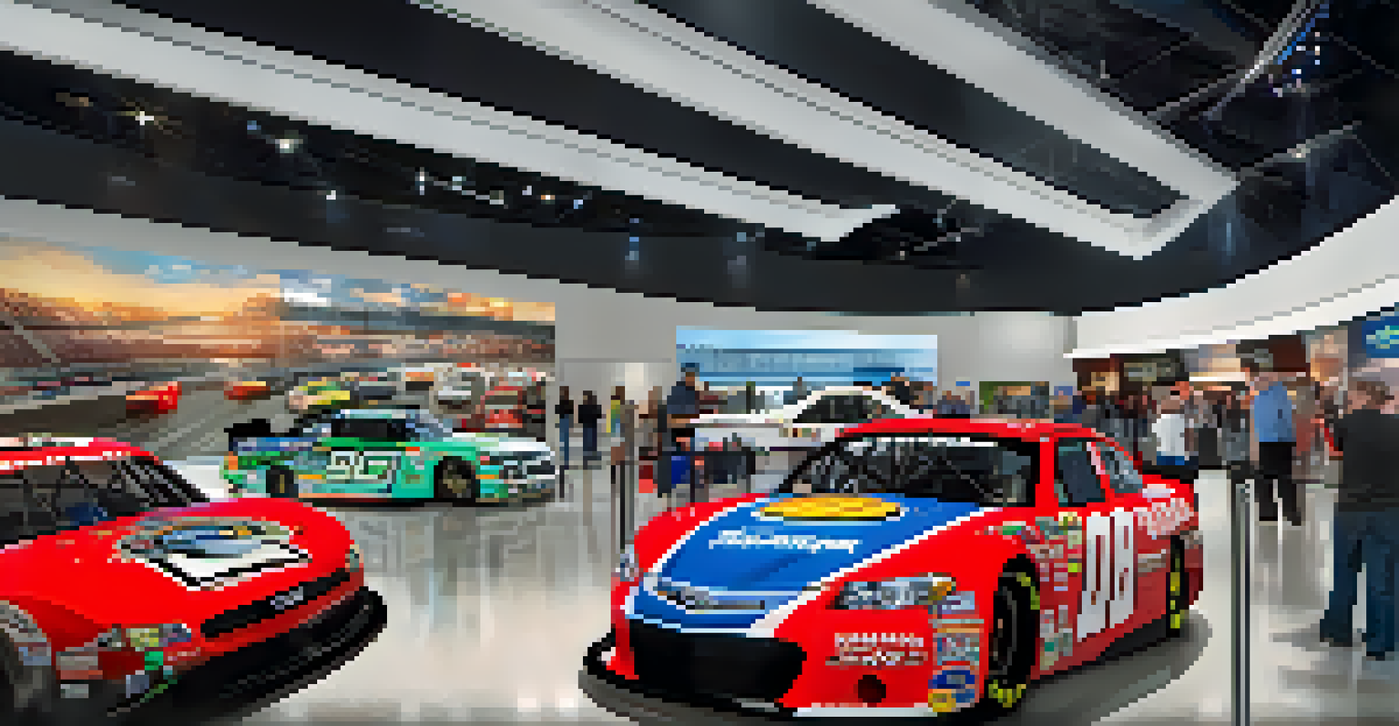 An interior view of the NASCAR Hall of Fame with interactive simulators and racing memorabilia, filled with excited visitors.