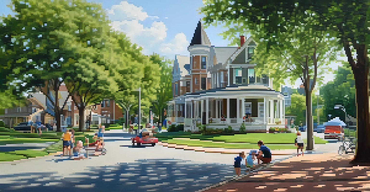 A picturesque street in Dilworth with historic homes and trees, leading to families enjoying Freedom Park on a sunny day.