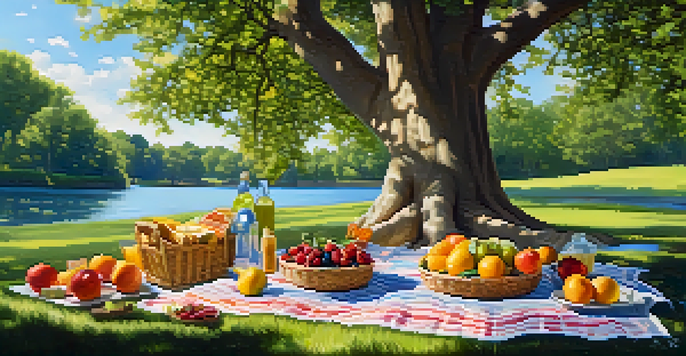 A peaceful picnic under an oak tree with a picnic basket and a lake in the background.