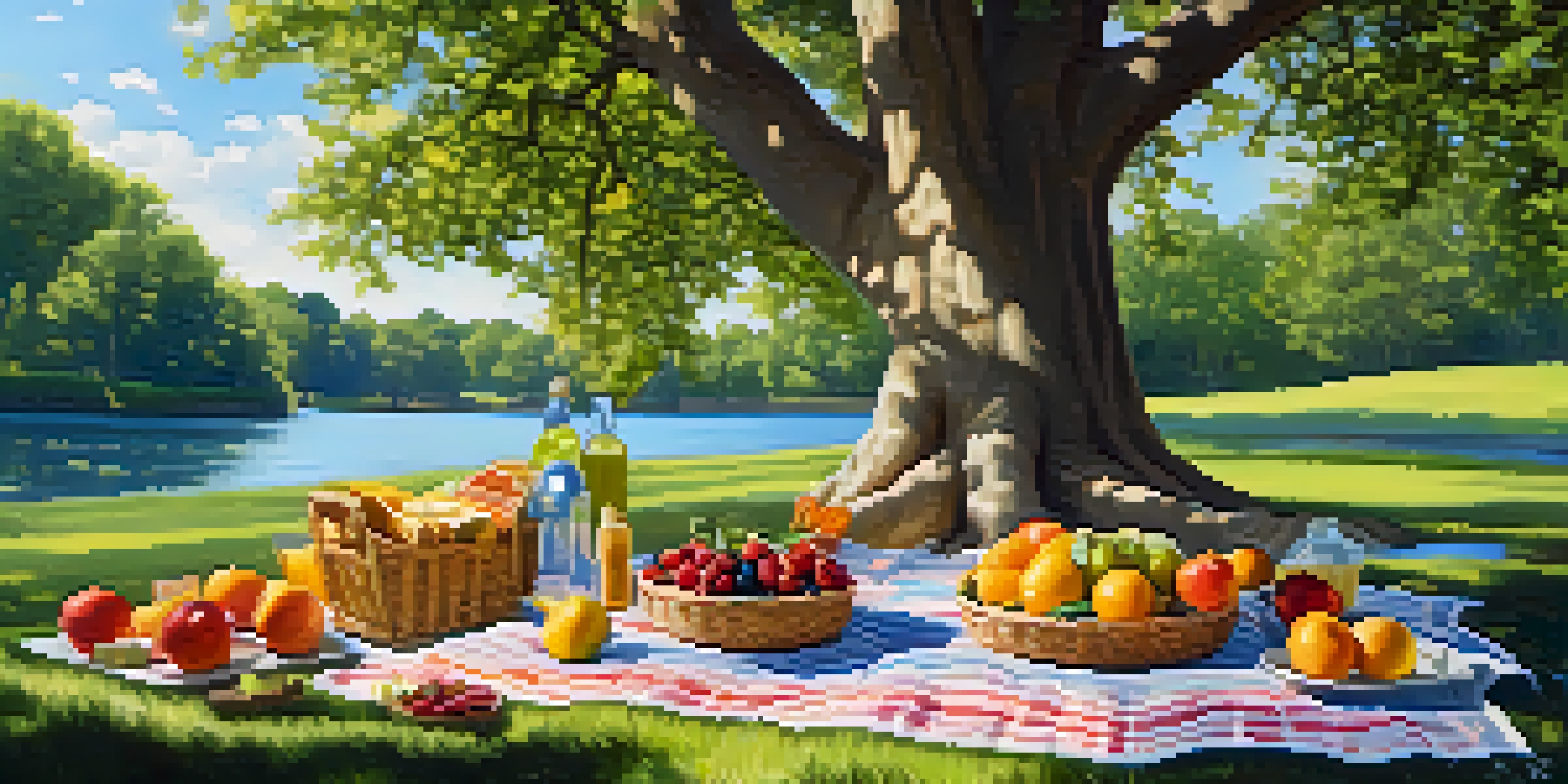 A peaceful picnic under an oak tree with a picnic basket and a lake in the background.