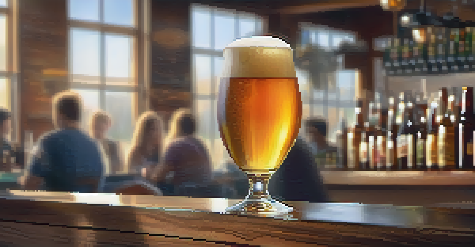 A close-up of a freshly poured glass of craft beer with a rich golden color and frothy head on a wooden bar counter.