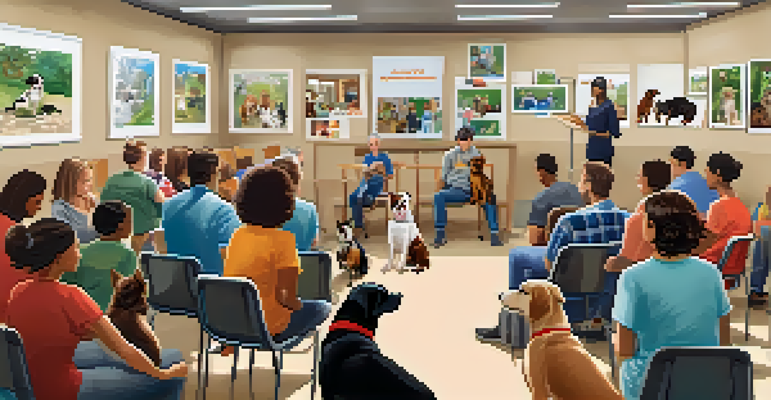 A workshop on responsible pet ownership with people learning from a speaker, surrounded by pets and educational materials.
