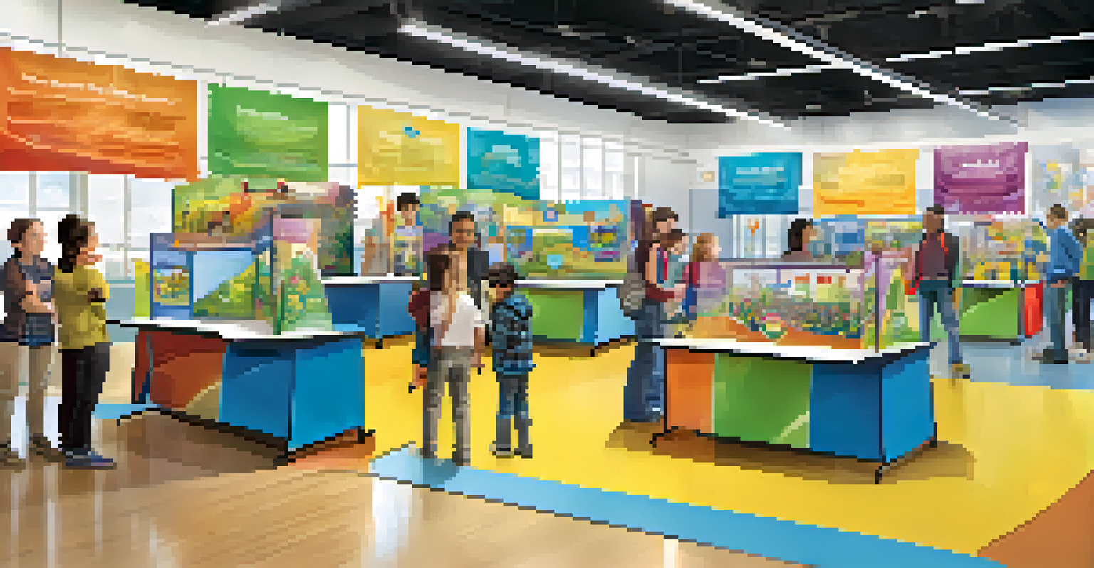 Children presenting their STEM projects at a vibrant science fair, with parents and community members interacting and booths displaying various experiments.