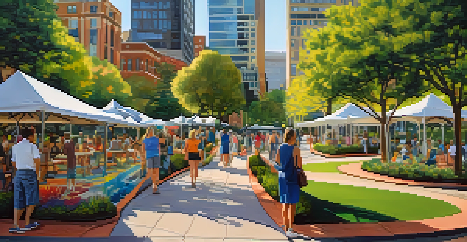 Visitors enjoying Romare Bearden Park with colorful murals, gardens, and public art in a lively community setting.