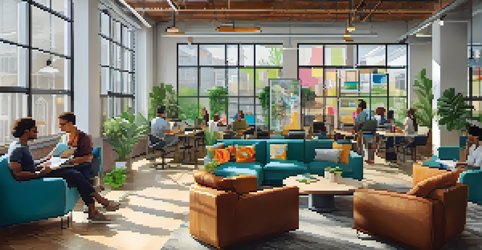 An interior view of a vibrant co-working space with young professionals working together on laptops.